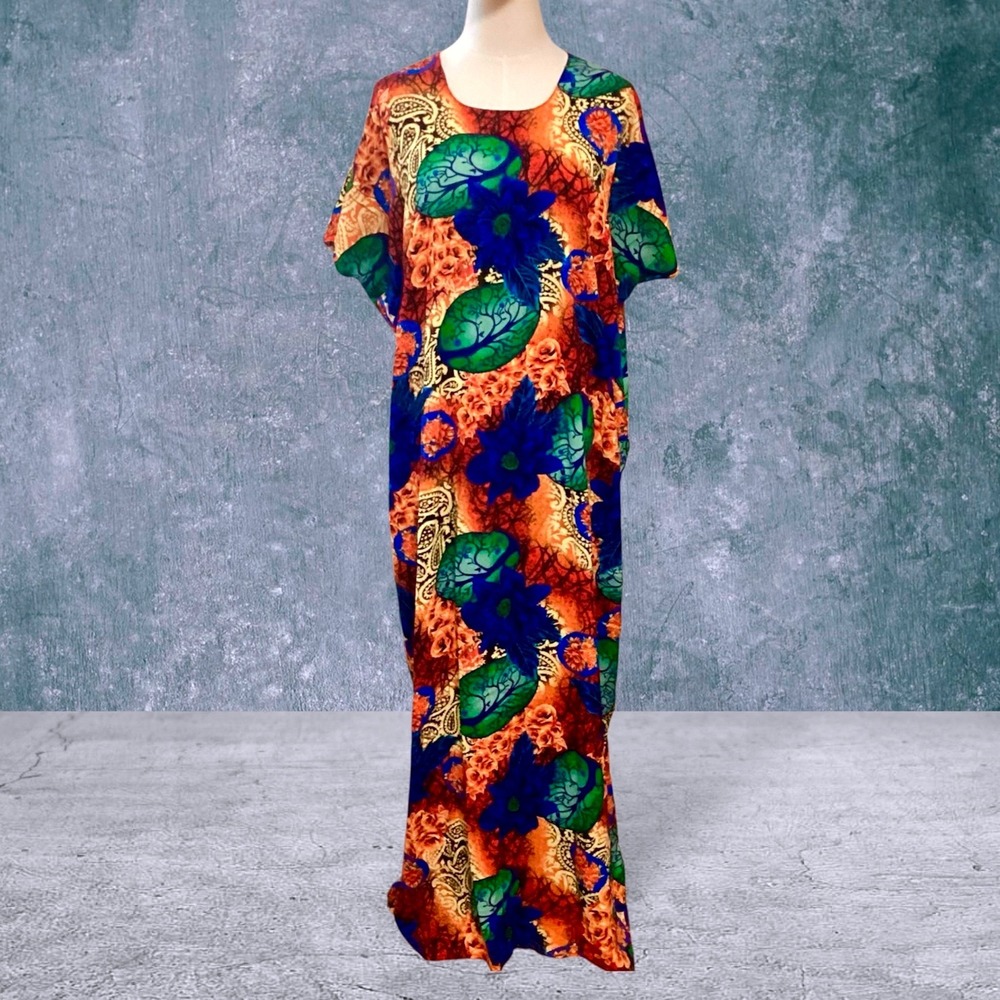 Ankara African Wax Print Maxi Dress Floral Blue Orange Caftan Boho One Size